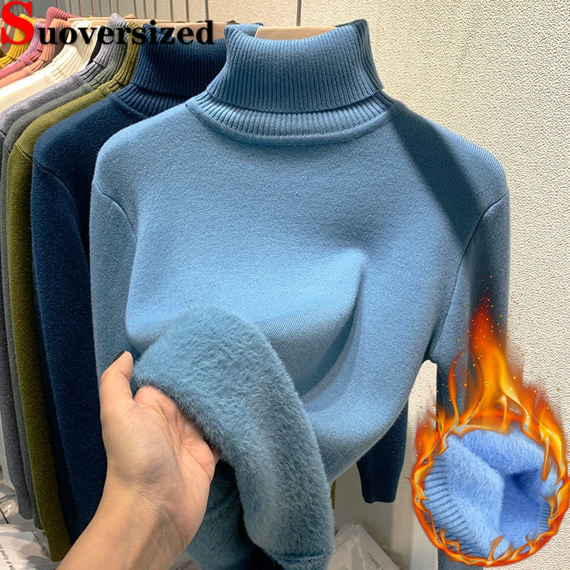 

Turtleneck Thicken Womens Sweater Winter Warm Slim Bottomed Pullovers Plush Lined Long Sleeve Tops Casual Soft Knitted Sueter