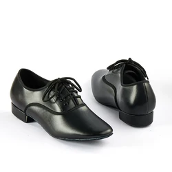 Men's Latin Dance Shoes Black Lace-up Leather Low Heel Suede Leather Shoes Tango Waltz Ballroom Dance Shoes