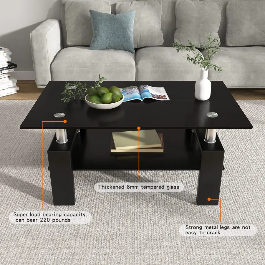 Rectangle Glass Coffee Table 2Tier Tea Table Modern Side Coffee Table for Living Room All Black