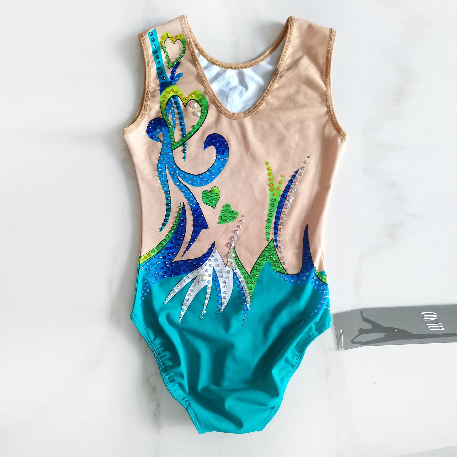 LIUHUO-leotardos de Gimnasia Rítmica personalizados para niñas y mujeres, ropa de baile con incrustaciones de diamantes verdes cian, Unitards de competición