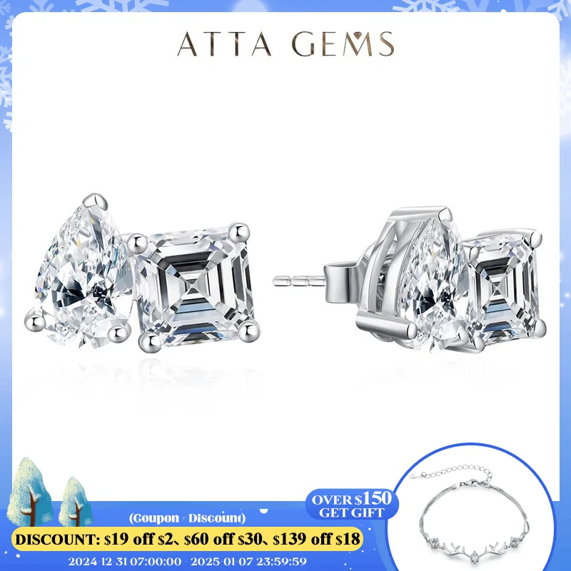 ATTAGEMS Moissanite Silver 925 Earrings Pear Asscher Shape VVS1 Stud Earring for Women 2023 Trending Wedding Gift Fine Jewelry