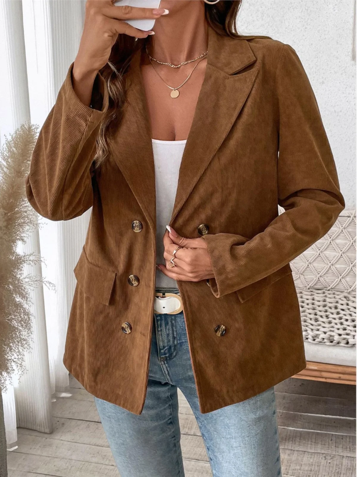 

Цветной вельветовый костюм-пиджак с длинными рукавами из смесового полиэстера, универсальный, однотонный, модный женский костюм