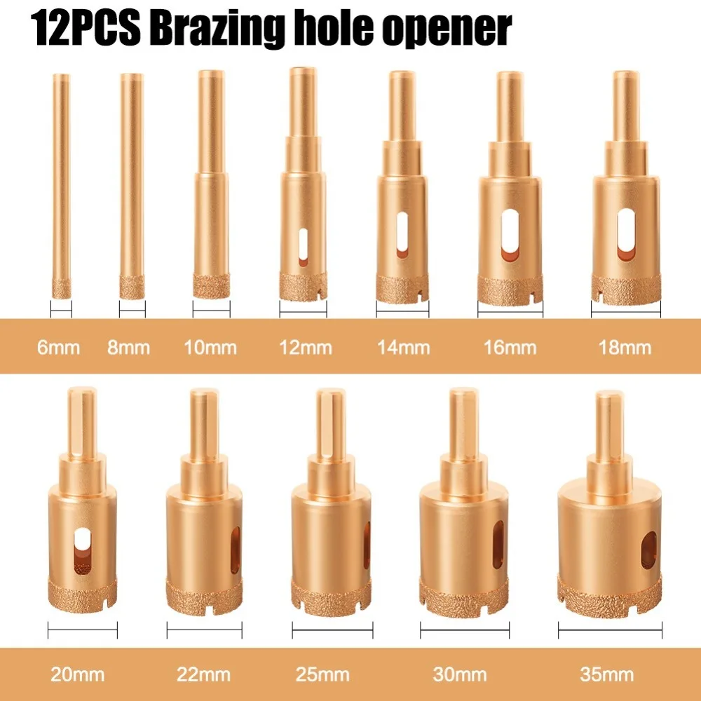 

12PCs/Box Wet And Dry Use Brazing Core Drill Bit Set M10 Hexagonal Shank Hand Drill Hole Opener No Slipping Drilling/Hole