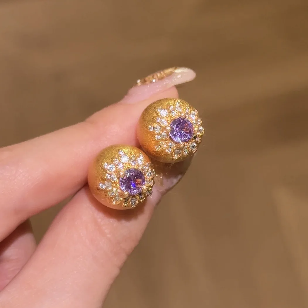 Sparkling Round bead brushed purple diamonds pearl earrings for women exquisite snowflake earings stud engagement jewelry