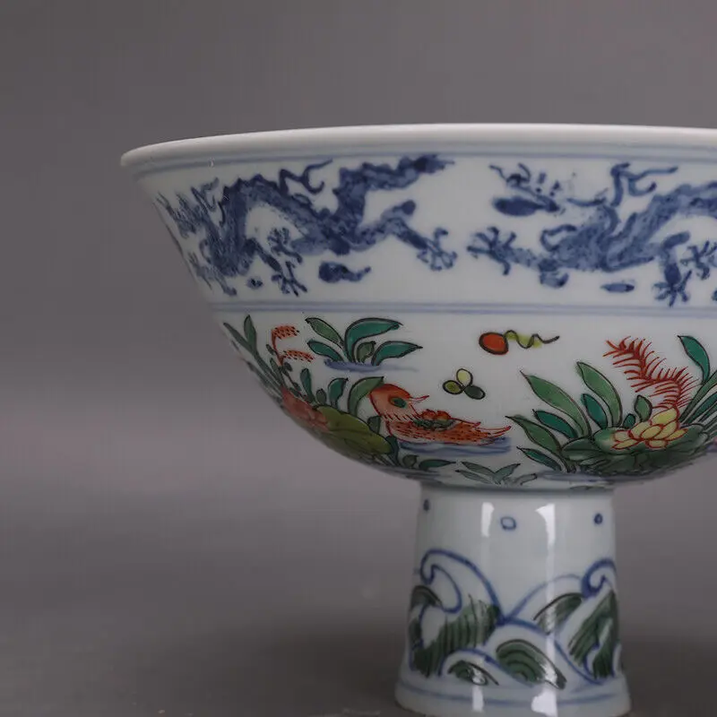 China Porcelain Blue and White Colorful Mandarin Duck DragonGrain High Foot Bowl