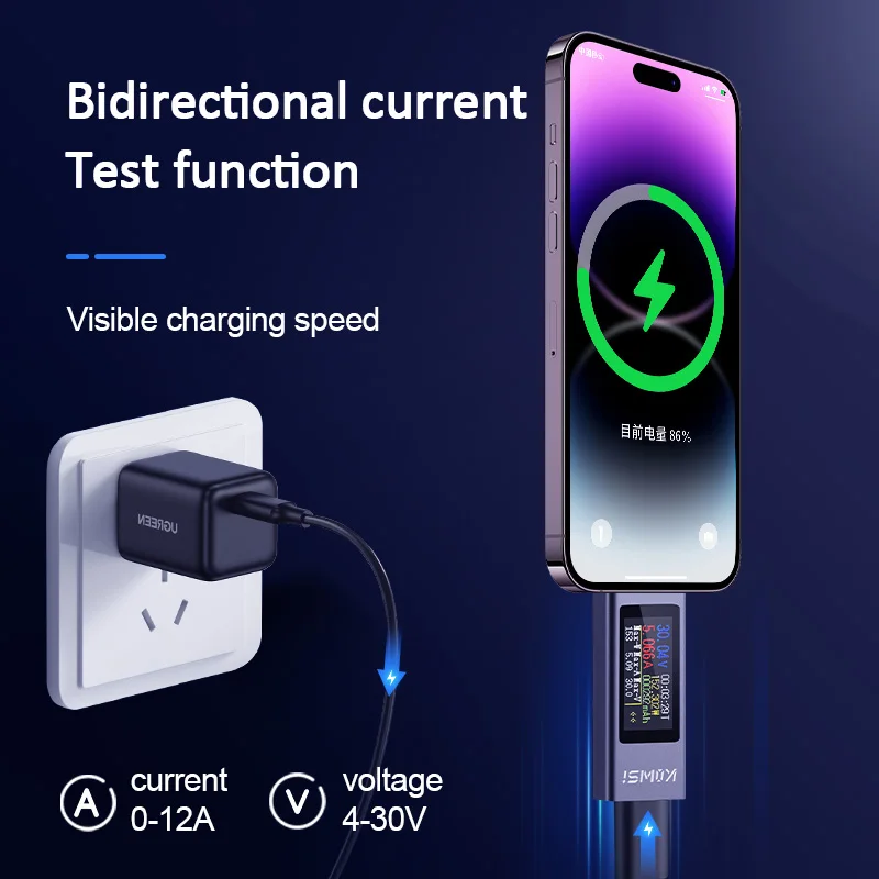 Type-C Multifunctioneel digitaal display DC-spanning Ampèremeter Power Meter DC 4-30V 12A Voltmeter Ampèremeter Oplader Capaciteitstester