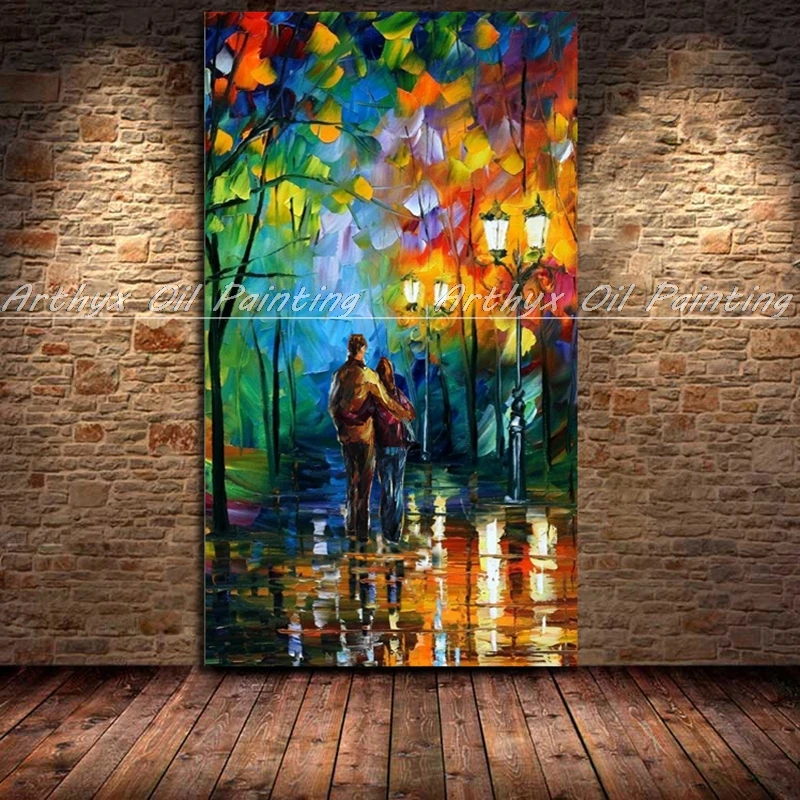 100% Handpainted Knife Night Street View Oil Painting on Canvas,Modern Wall Art Abstract Picture for Living Room,Home Decoration