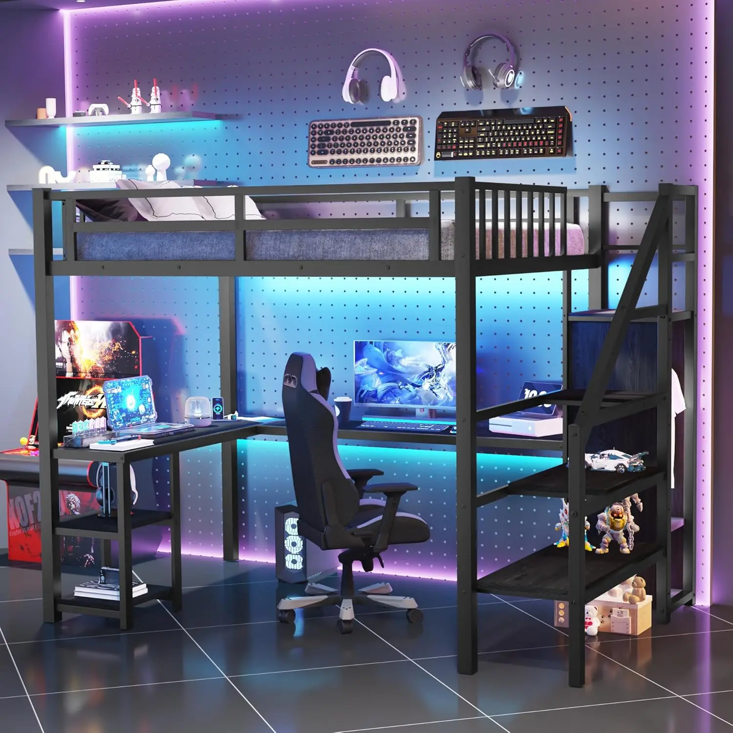 Metal Gaming Loft Bed with RGB LED Light, Heavy-duty Steel Loft Bed Frame with Storage