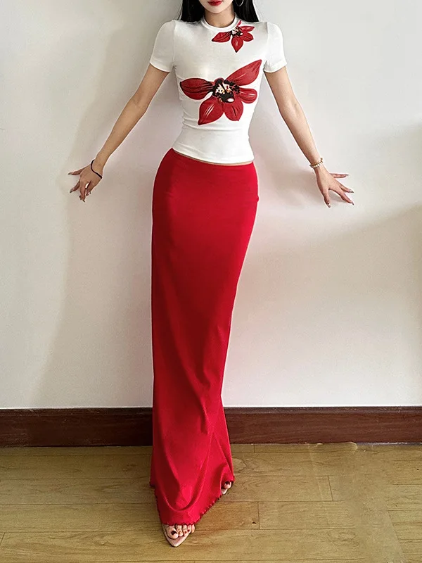 

Floral Printed round Ne T-irt And High Waist Skirt Set Women's Casual Sportswear Polyester Fiber ort Sve Suit