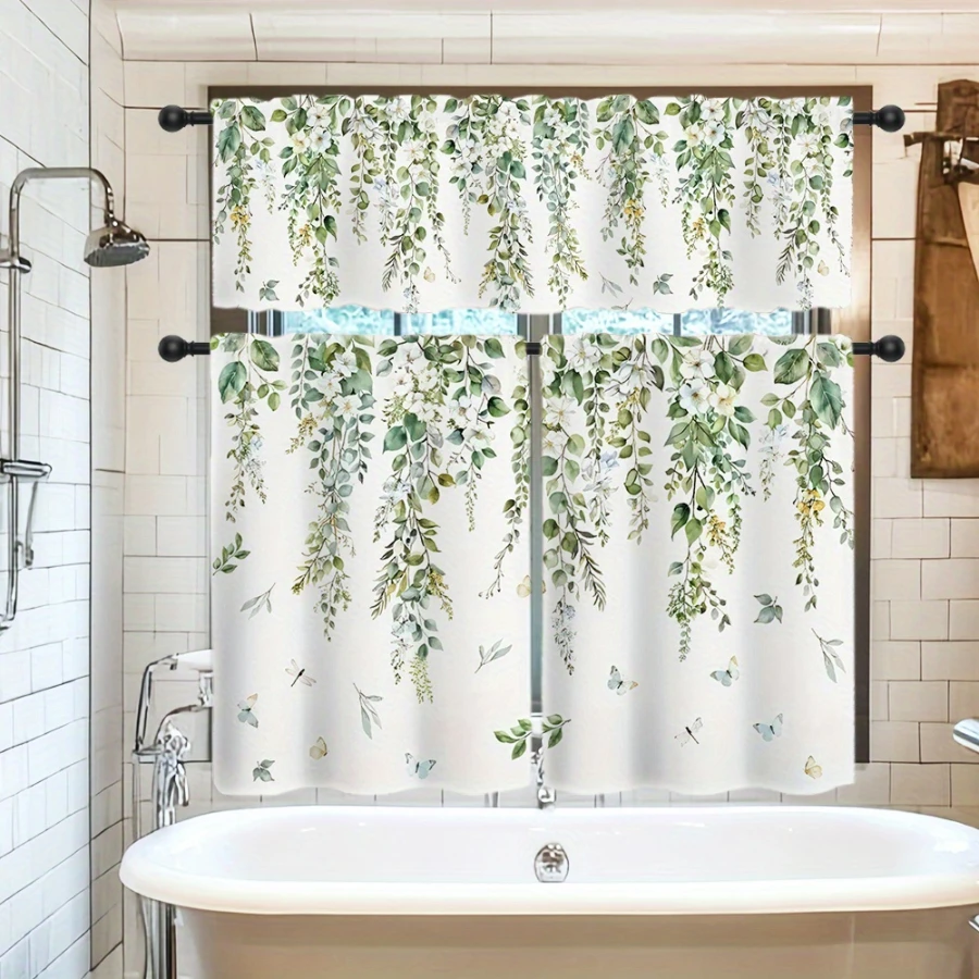  Watercolor Eucalyptus Green Leaf White Flower Butterfly Kitchen Curtain, Rod Pocket Tiers for Kitchen Cafe Home Decor