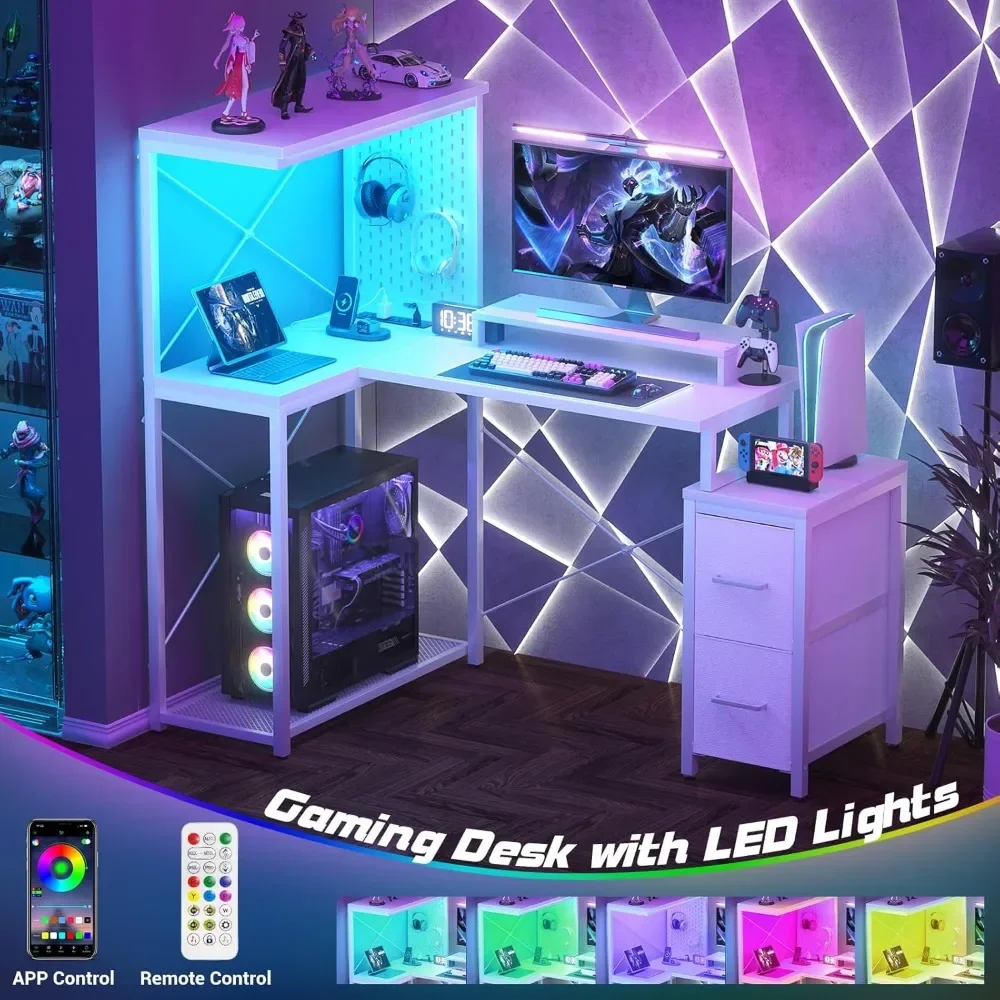 L Shaped Gaming Desk with 2 Fabric Drawers - Reversible Computer Desk with Power Outlet & LED Lights
