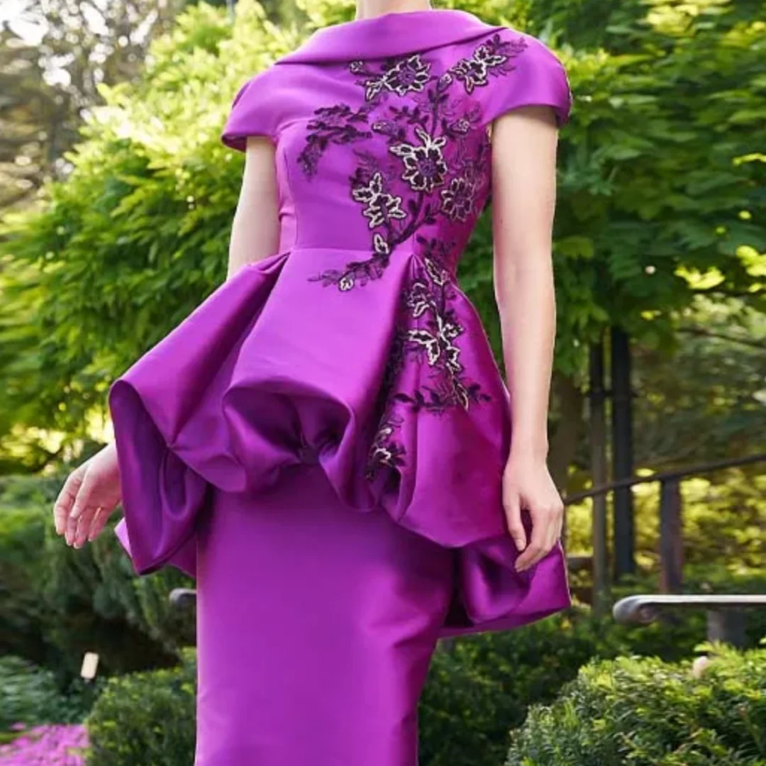 فساتين سهرة رائعة مخصصة مزينة بأكمام قصيرة بطول الكاحل ثنيات أنيقة للنساء للحفلات الراقصة #3