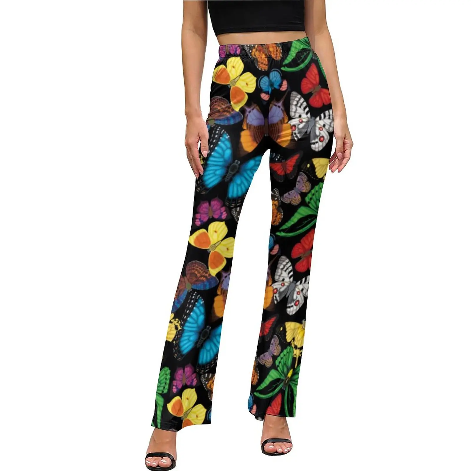 Colorful Butterfly Casual Pants Autumn Cute Animal Print Home Flared Trousers High Waist Slim Fit Stretch Aesthetic Pants