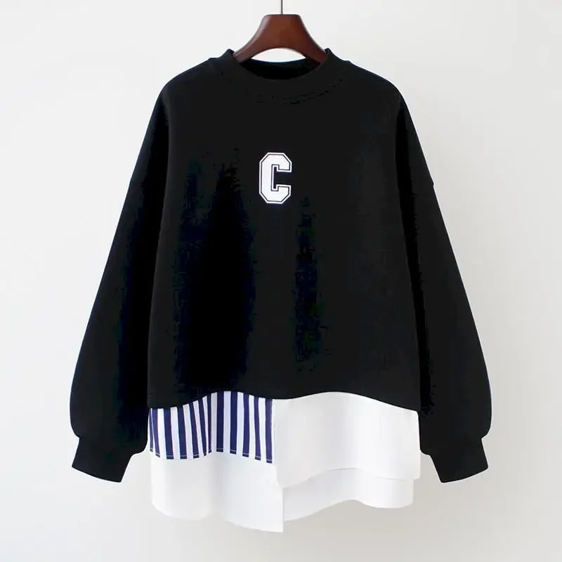 

Autumn Pullovers Women Thin Long Sleeve Tshirt Fake Two Piece Pullover Casual All-match Harajuku Loose Mid-length Stitching Tops