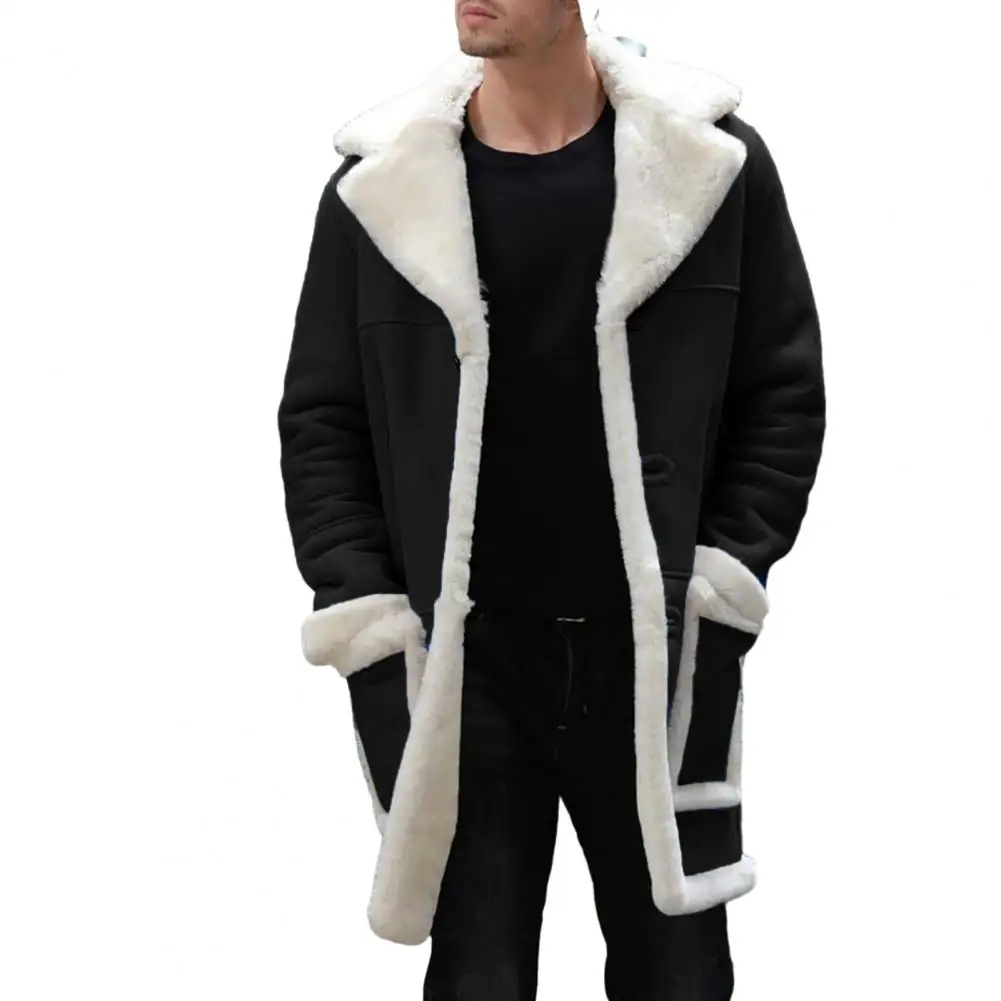 

Coat Men's Mid-length Jacket with Plush Lining Large Lapel Pockets Warm Outerwear jaqueta masculina