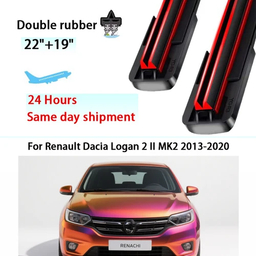 Juego de limpiaparabrisas delanteros de goma doble para coche de 22 ""y 19"", para Renault Dacia Logan 2 II MK2 2013 - 2020, ventana de parabrisas con símbolo