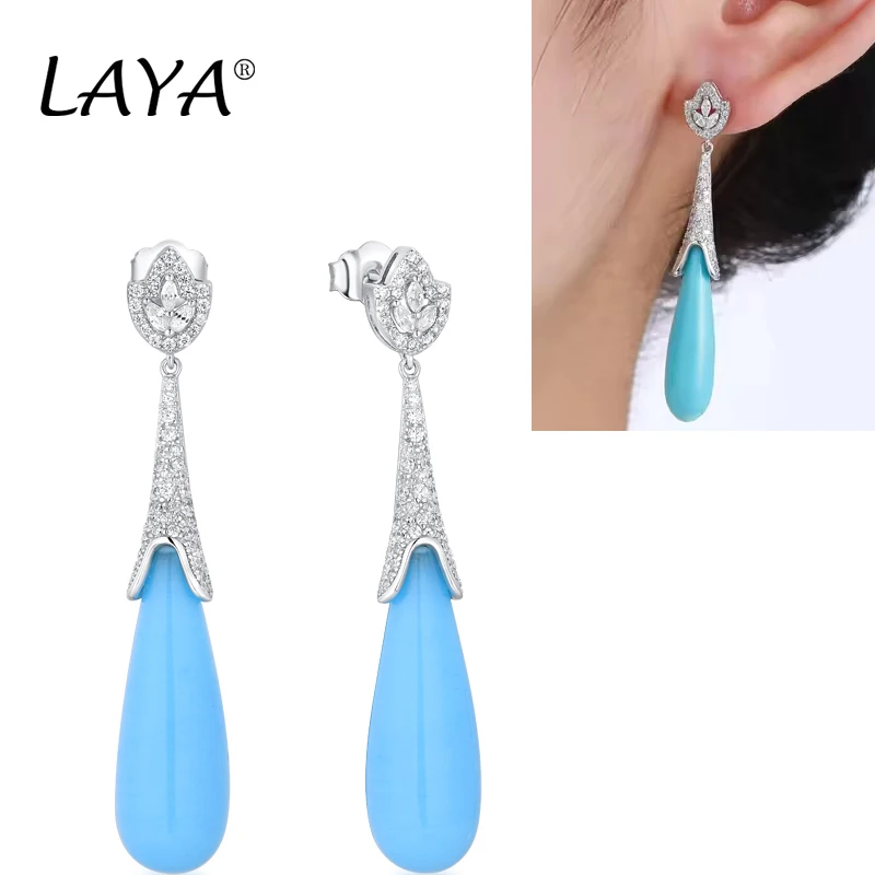 

LAYA 925 Sterling Silver Fashion High Quality Zircon Turquoise Glass Pearl Drop Earrings For Women's Birthday Wedding Jewelry