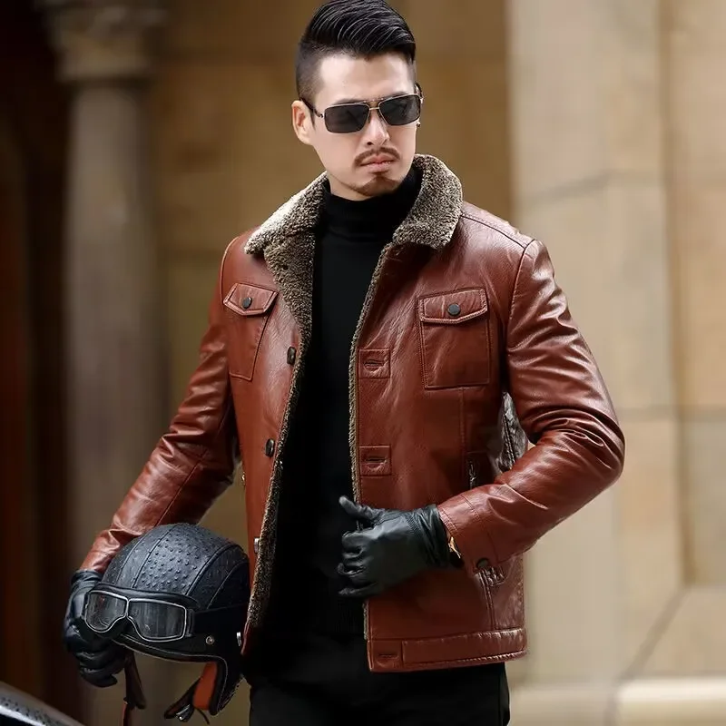 

Middle-Aged Men Leather Coat Winter Fleece-Lined Thicken Solid Color Outwear Men Fashion Casual Large Size Lapels Leather Jacket