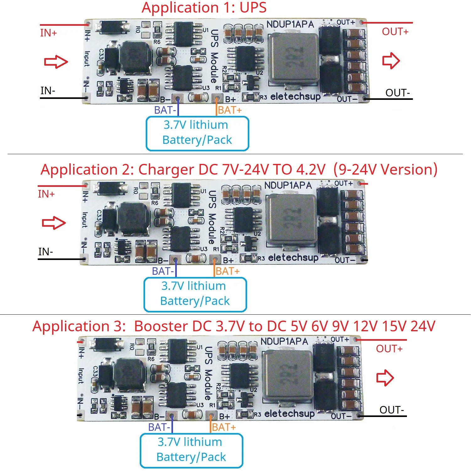 Carregador de bateria de lítio de grande potência, Rede doméstica de descarga, Módulo UPS, IN-OUT, 3.7V, 4.2V, DC 5V, 6V, 9V, 12V, 15V, 24V