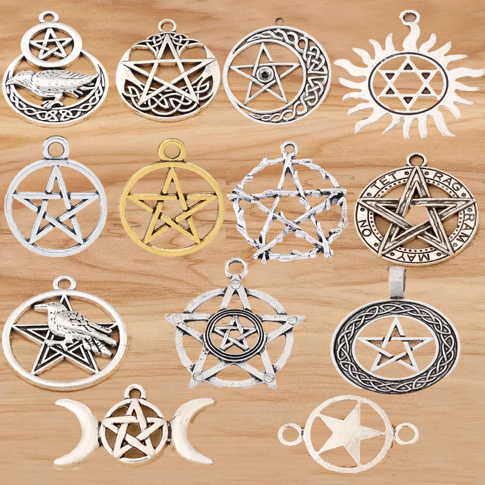 15 Pieces Tibetan Silver/Gold Gothic Pentagram Pentacle Charms Pendants Pagan Wicca For Jewellery Making Findings