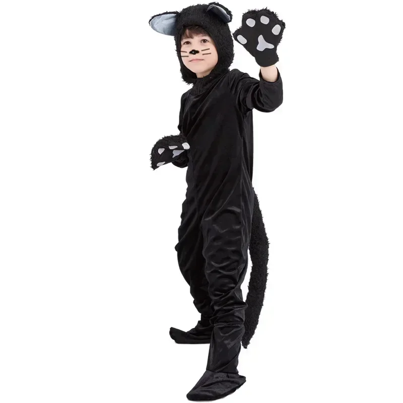 Kids Child Furry Black Cat Costume Girls Boys Animal Themed Party Cosplay Jumpsuit Halloween Fancy Dress