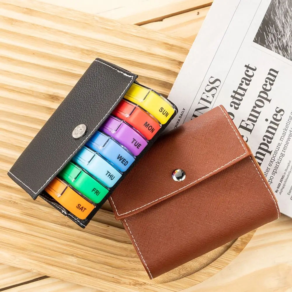 

PU Carrying Case Weekly Pill Organizer Box Drug Container Reusable 7-Day Pill Organizer Dust-proof Medication Reminder