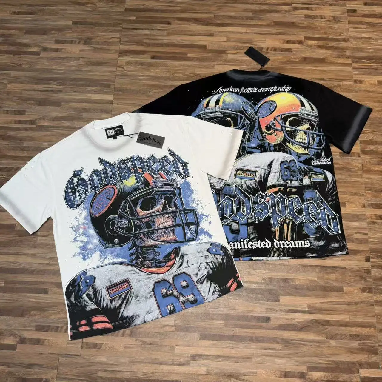 Godspeed Street Style Cotton T-Shirt Skeleton Print Loose Fit Short Sleeve Youthful Fashion Durable Anti-fade Anti-crease