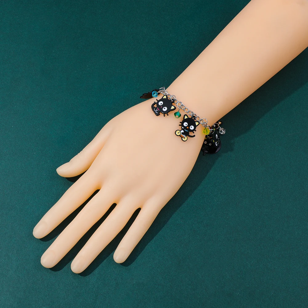 Kawaii Chococat Inspired Black Cat Charm Bracelet with Moon & Cat Design Adorable Anime-Inspired Jewelry Gift for Cat Lovers