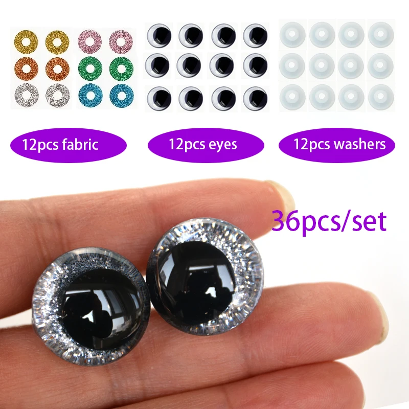 12 yeux de poupée en plastique ABS 3D scintillants, 12-30 mm, 6 couleurs, avec rondelle en plastique souple, design pupille décentrée