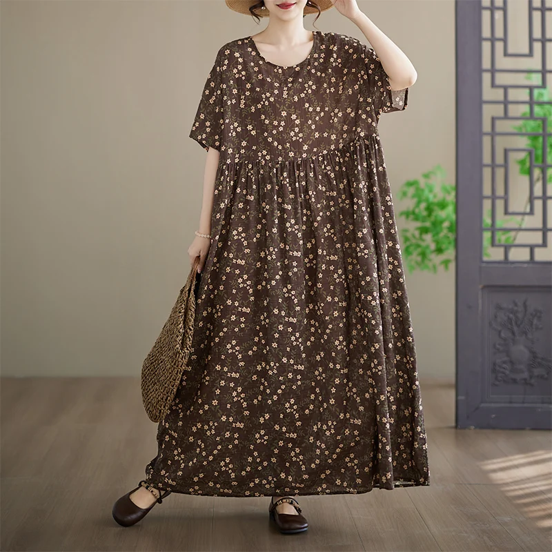 

plus Size Bohemian Long Dress round Neck Short Sleeve Printed Fashionable Citywalk Cotton Gown Women's Summer Dress