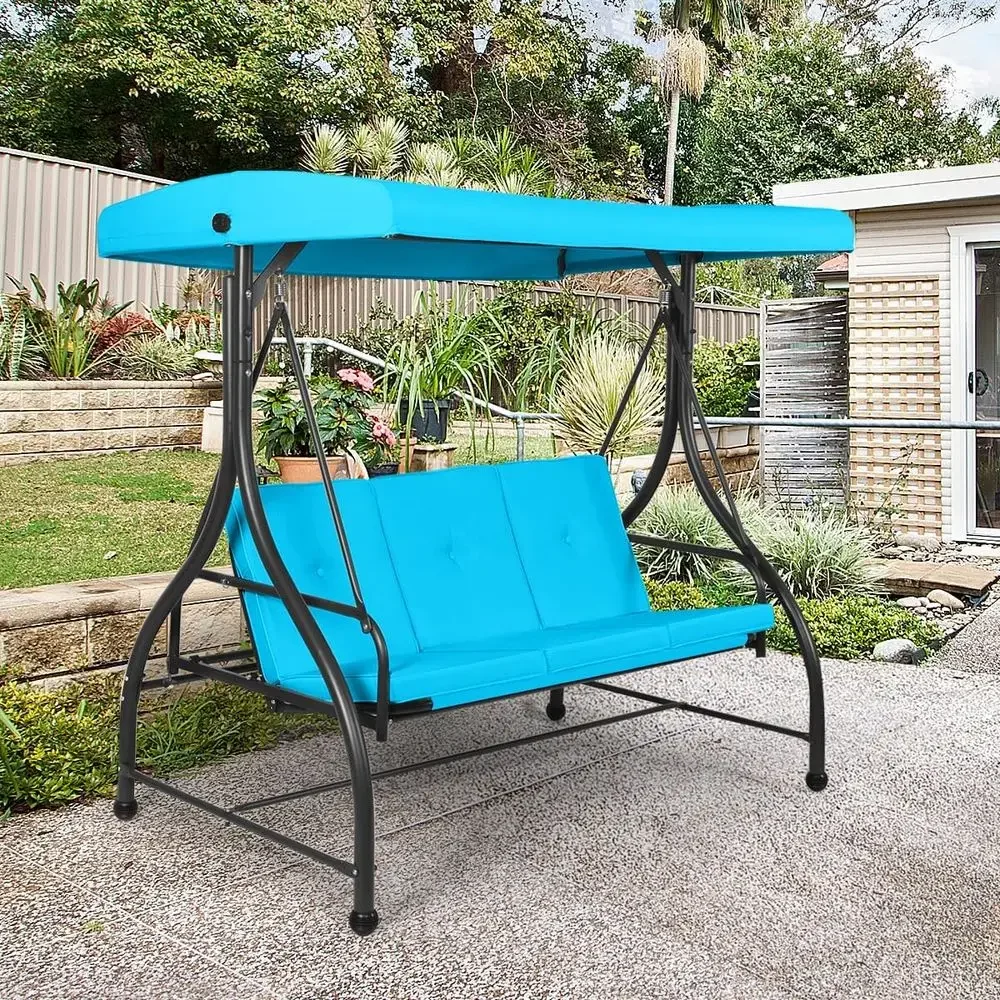 3-Person Outdoor Patio Swing with Cushioned Seats and Adjustable Hammock in Turquoise