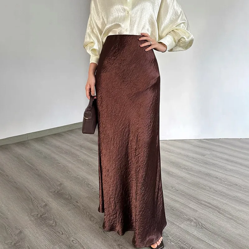 Acetate Silk Long Skirt Summer Trendy Satin Wrinkle Shimmering Versatile Fishtail Faldas French Elegant Oblique Cut Vestidos