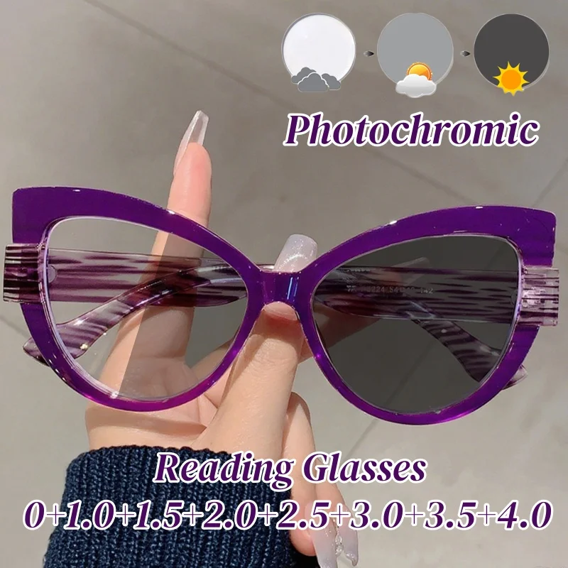 

Women Large Frame Photochromic Reading Glasses Trendy Cat Eye Far-sighted Eyewear Men Oversized HD Presbyopia Sunglasses