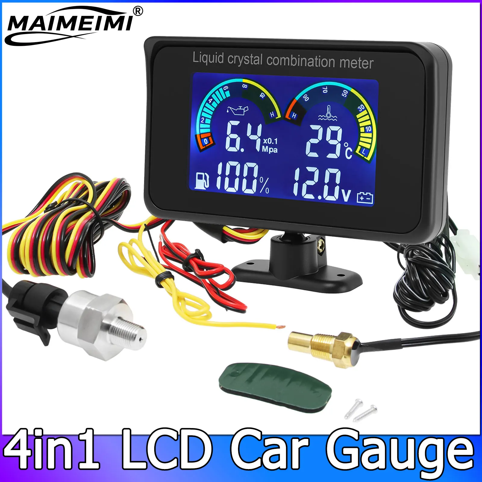 12v/24v Car LCD 4 in 1 Meter Water Temperature Gauge with Sensor 10mm Oil Pressure Voltmeter Volt Meter Oil Fuel Gauge