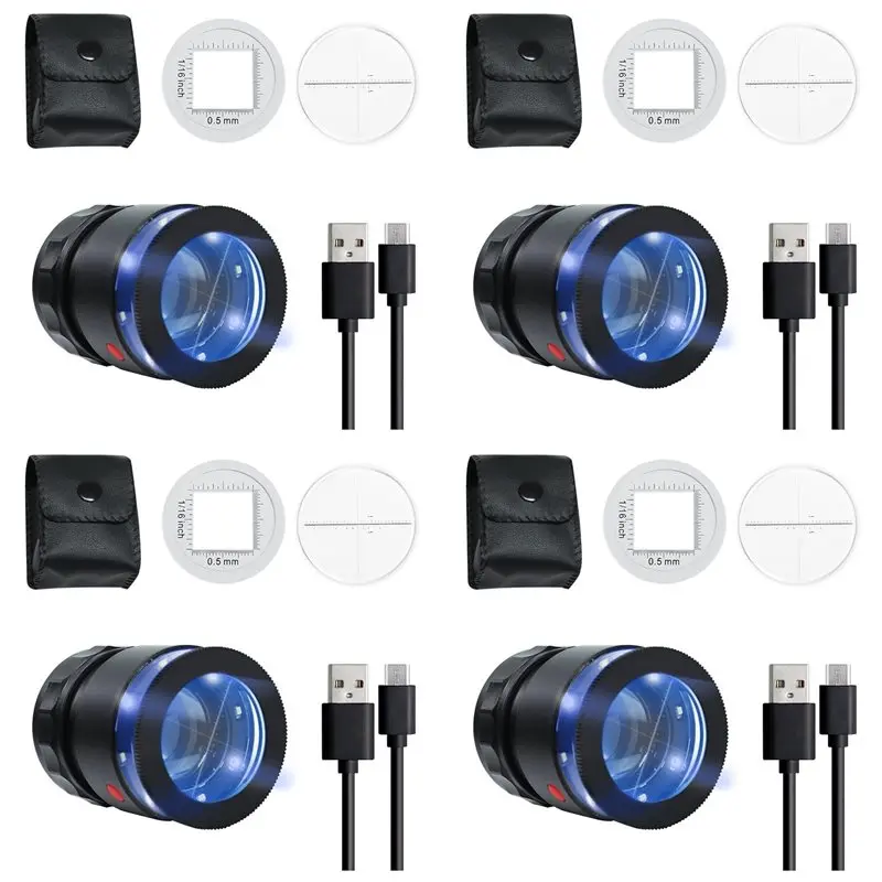 

A09P 4Pcs Loupe Magnifier 10X,Rechargeable Magnifying Glass With LED Light And Scale, Adjustable Focal Length Magnifier