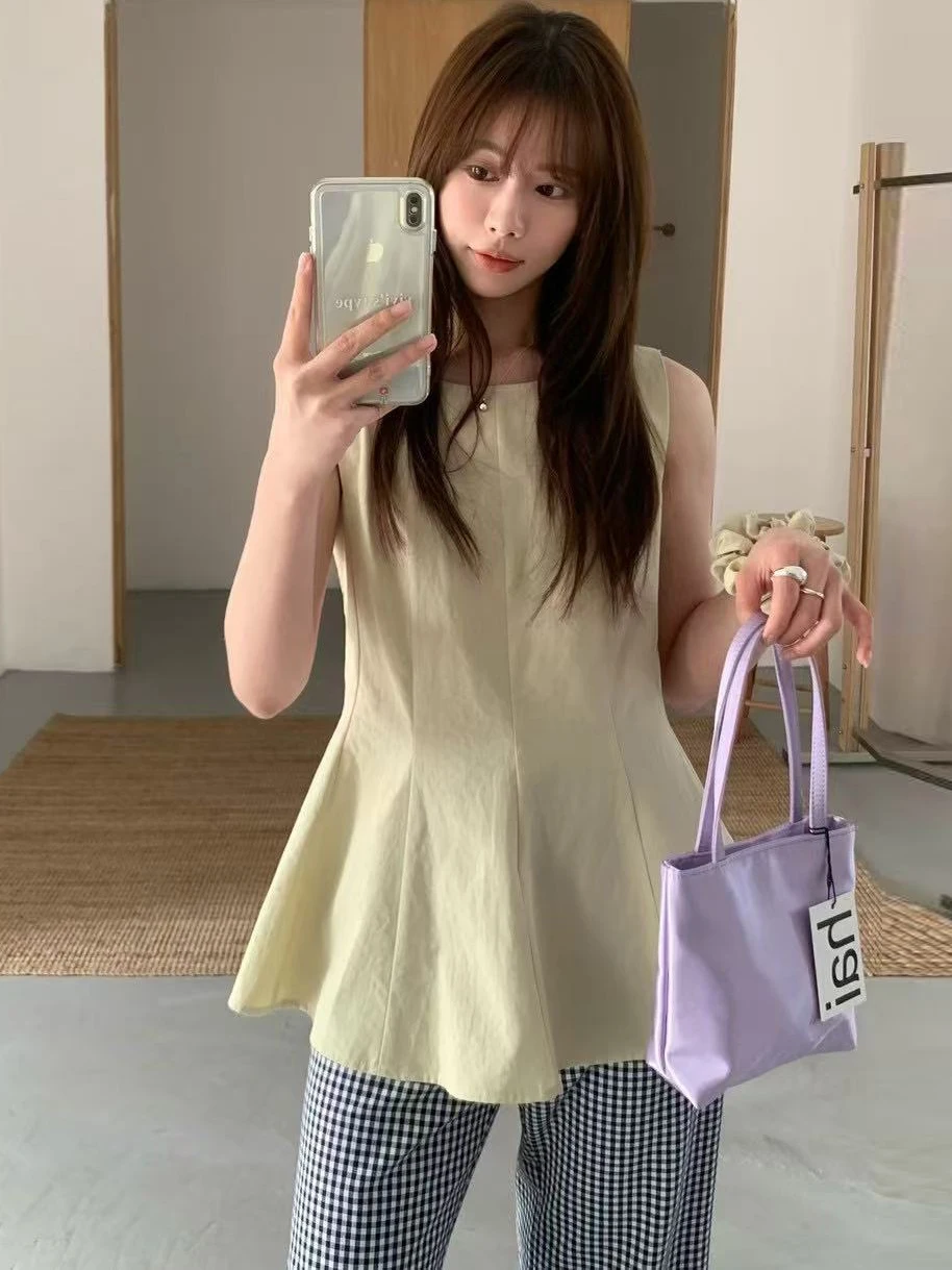 Korean Style Gentle Women's Vest Sleeveless Waist-Cinching Summer New Fashion Versatile  Breathless Top for Ladies