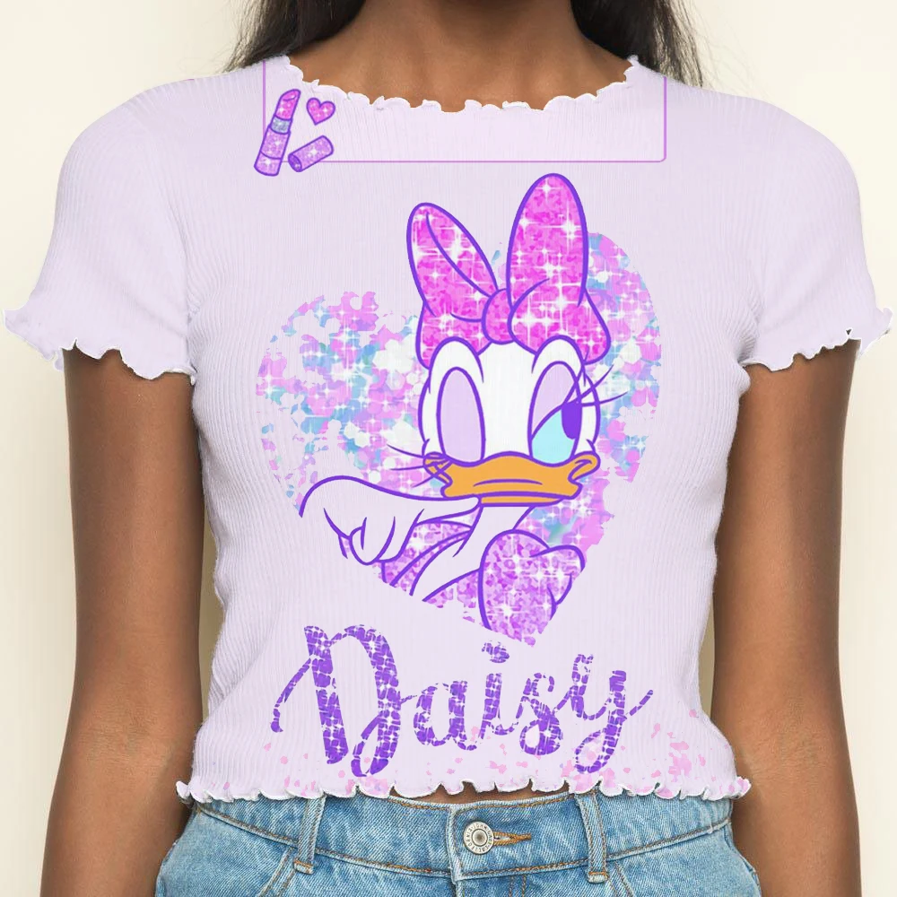 T-shirt Donald Duck Crop Tops Sexys Short Sleeve Woman Clothing Lettuce Trim T-shirts Disney Top Summer Clothes Women 2024 Tees