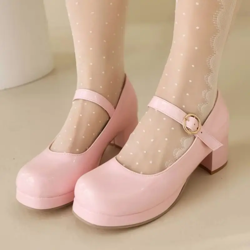 

Women's Short Heels Mary Janes Shoes Fashion Strap Black White Pink Low Heeled Party Wedding Shoes Ladies New 2025 Spring