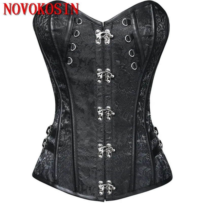 

S-6XL PU Gothic Bandage Back Corsage Women Sexy Shaper Faux Leather Erotic Top Lace Waistband Gathering Corsets Rivet Bustier