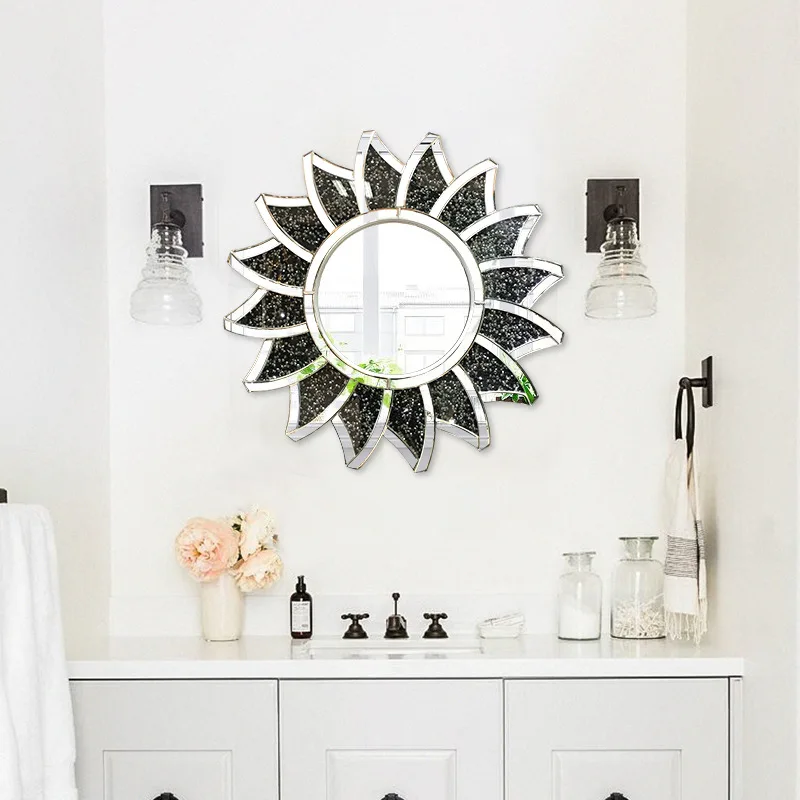 Diamond inlaid sun shaped Venetian decorative mirror living room entrance wall hanging mirror silver mirror manufacturer