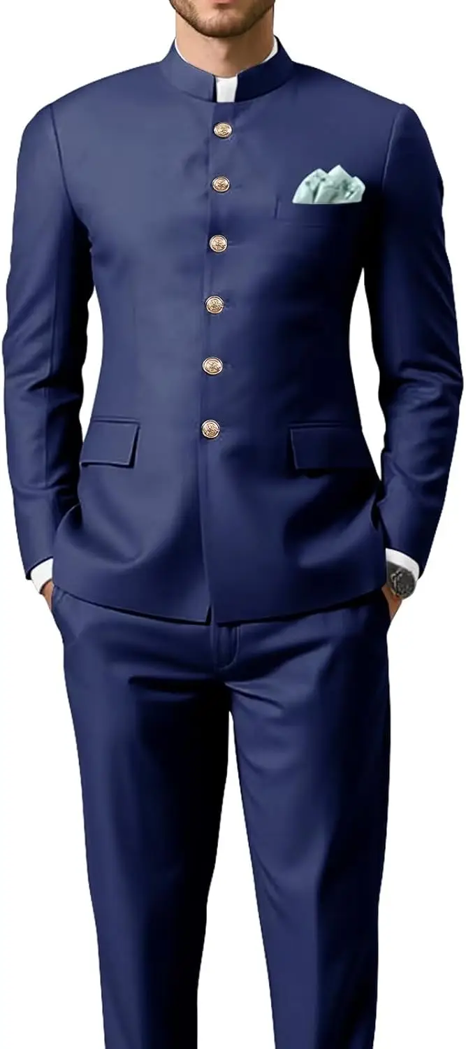 Men's Chinese Suit Mandarin Collar 2 Piece Slim Fit Traditional Uniform Groom Wedding Blazer Pant Set