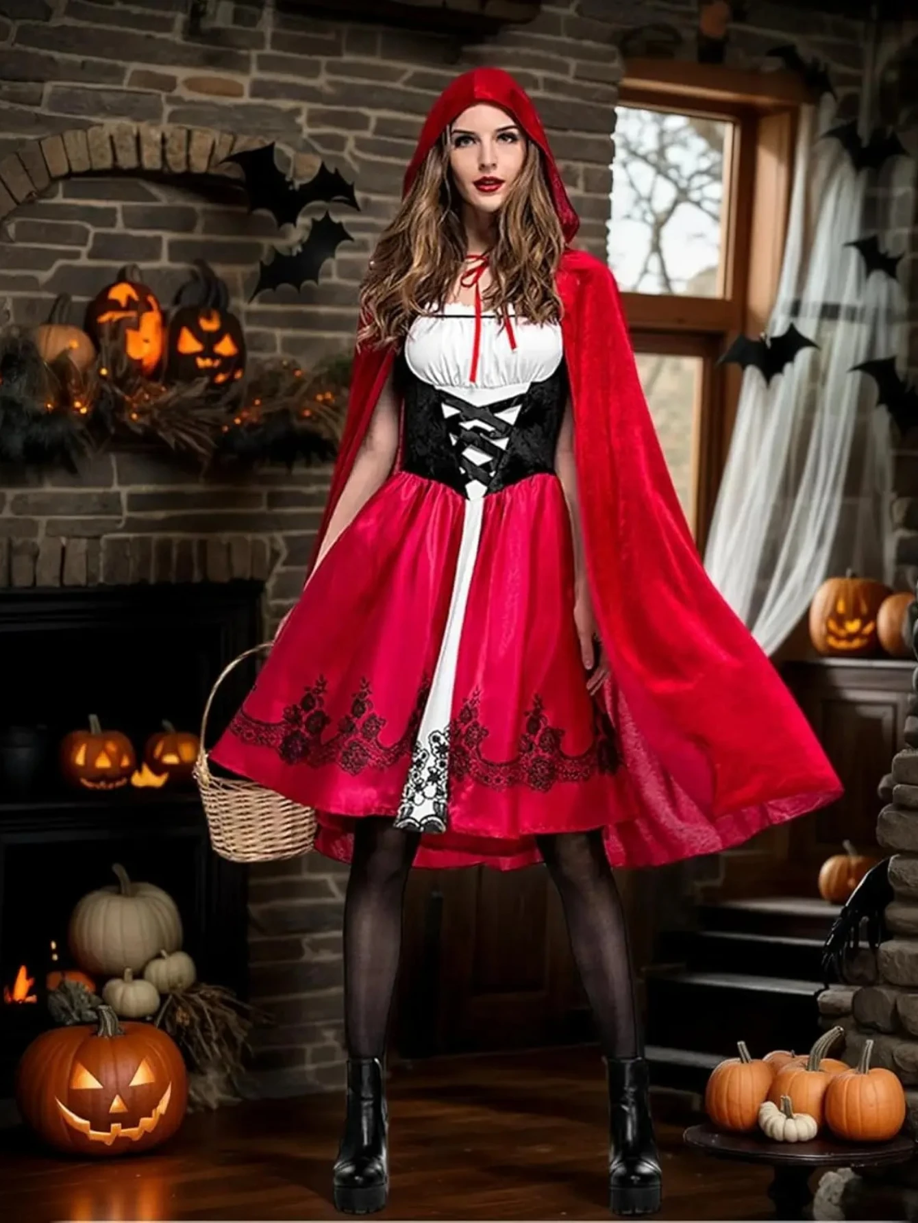 

Full Length HoodedWomen's Little Red Riding Hood Costume Halloween Cosplay Little Red Riding Hood Outfit Robe Cloak
