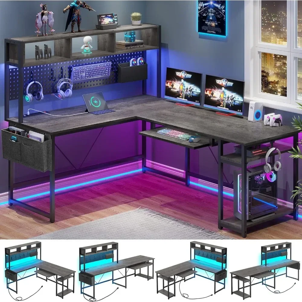 Shaped Desk, 94.5 Inch Home Office Desk with Power Outlet & Pegboard, L Shaped Gaming Desk with LED Light, Keyboard