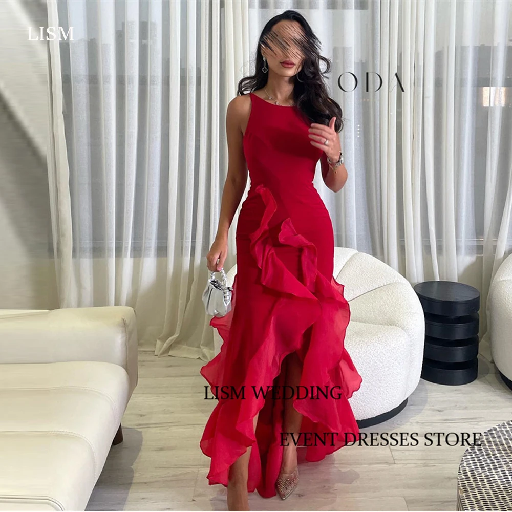 LISM Red Saudi Arabic Women Evening Dresses Vintage O-Neck Ruffles Split Formal Party Dress Customized Evening Night Events Gown