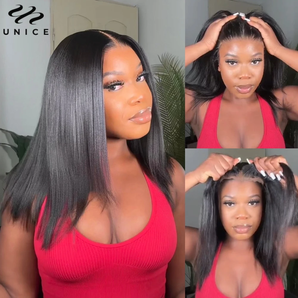 UNice Hair Yaki Straight Bob Wig 7x5/13x4 Pre Cut Pre Bleached Pre Plucked Human Hair Lace Front Wig 150% Density