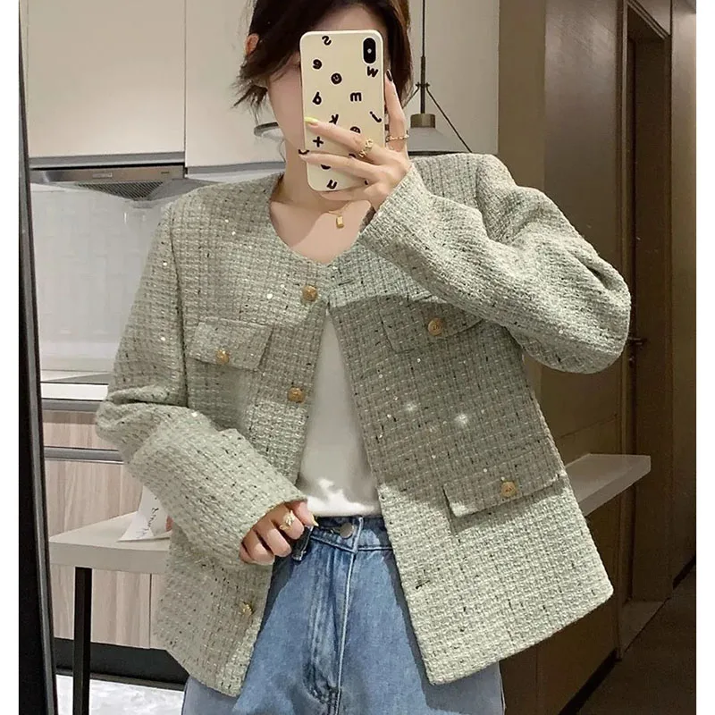 

Advanced Design sense Women Fashion Long Sleeves Jacket Retro Lady Round Neck Outwear Autumn Female Splicing Together Tops Coat