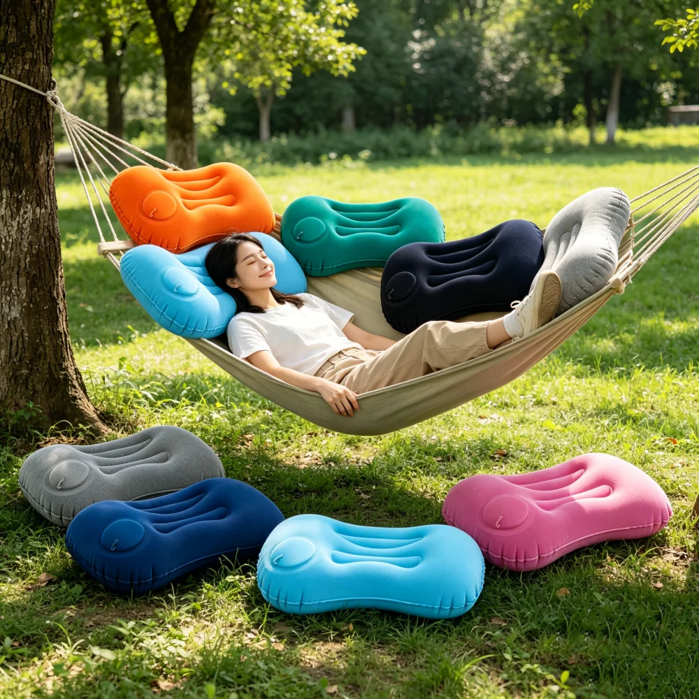 Almohada de Viaje Autoinflable Portátil, Almohada Inflable Suave para el Cuello, para Avión y Camping, Almohada Ergonómica de Soporte para la Cabeza