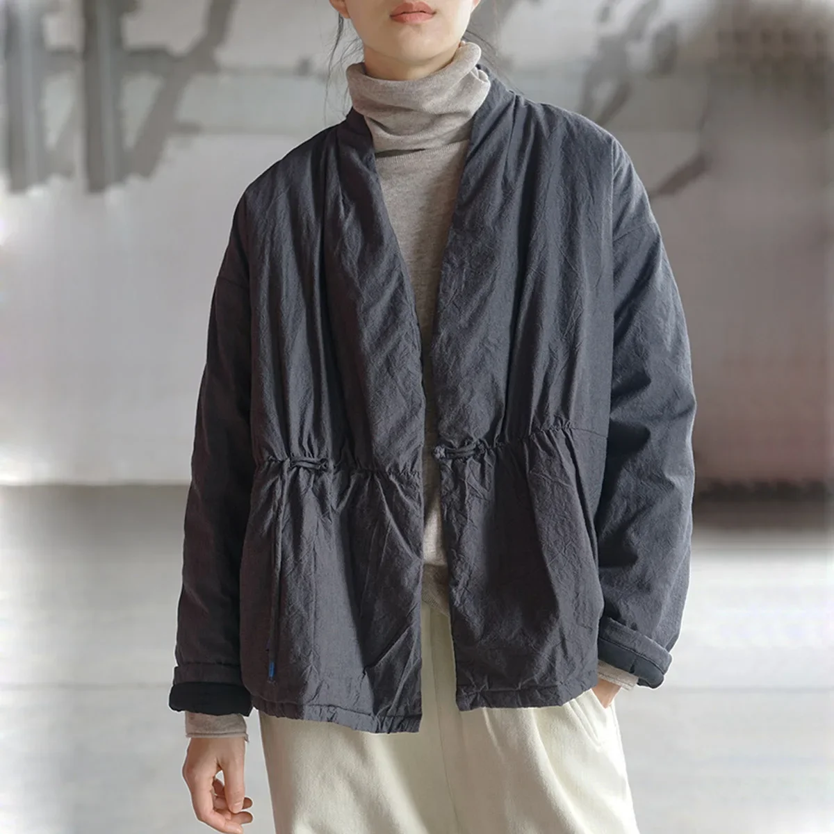 

Women Autumn Winter Quilted Short Jackets Leisure Cotton Open Front Coats V-neck A Single Button Retro Hanfu Kimono Outerwear