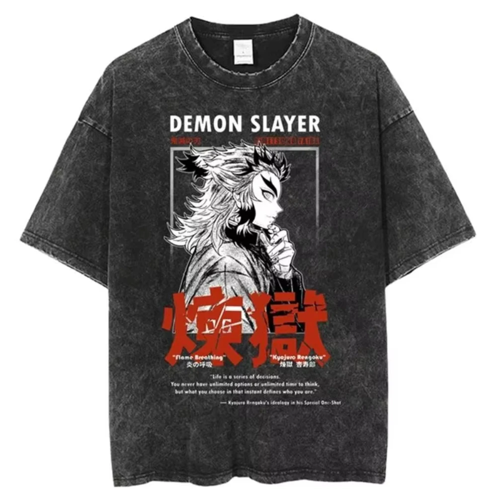 Koszulka męska z nadrukiem graficznym anime Demon Slayer z 2026 roku, efekt acid wash, modny styl Y2K, bawełniana, wygodna, z okrągłym dekoltem, unisex.