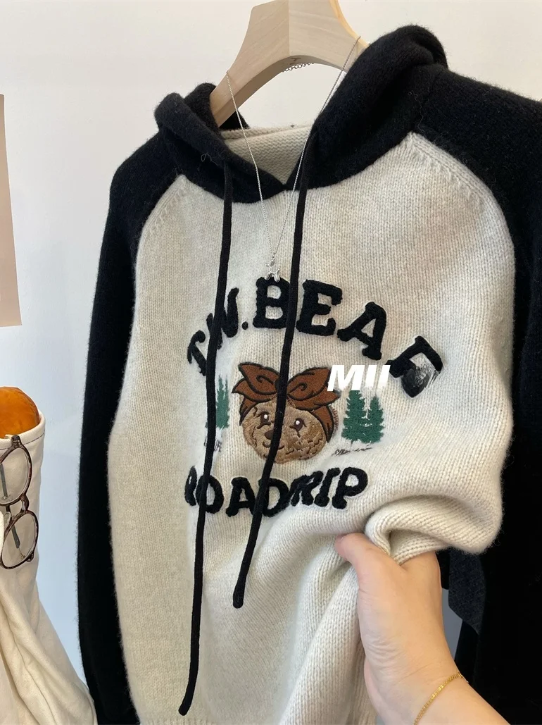 

Extra Large 300 Pou Fat MM 3D Letter Hooked Bear Hat Long Sve Women's Autumn Winter Loose Fit Knitted Sweater Korean Sle